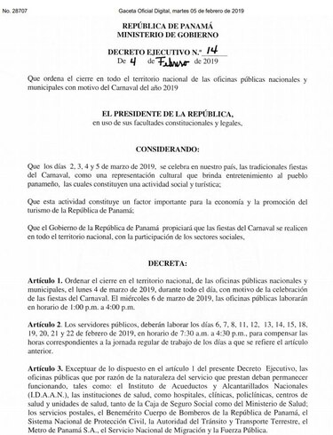 Gobierno anuncia horario especial para oficinas públicas por carnavales
