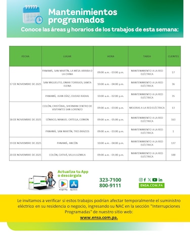 ENSA informa los mantenimientos programados del 17 al 21 de noviembre de 2025