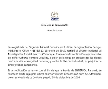 Alerta roja para capturar a Gilberto Ventura Ceballos