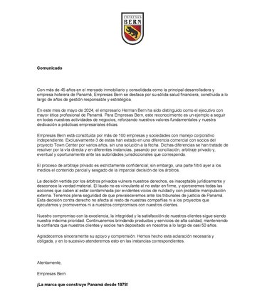 Empresas Bern señala que el laudo arbitral a favor de sus socios en Town Center ‘vulnera’ sus derechos