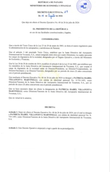 Mulino deja sin efecto designación de Patricia Villanueva Martinelli en la Junta Directiva de Tocumen; el ministro Andrade será el reemplazo