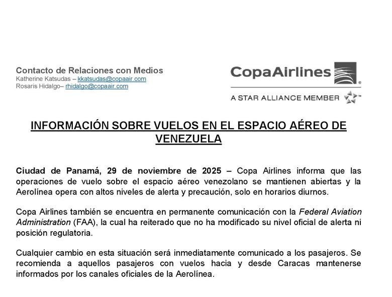 Copa Airlines mantiene vuelos a Venezuela, en medio de la tensión en la región