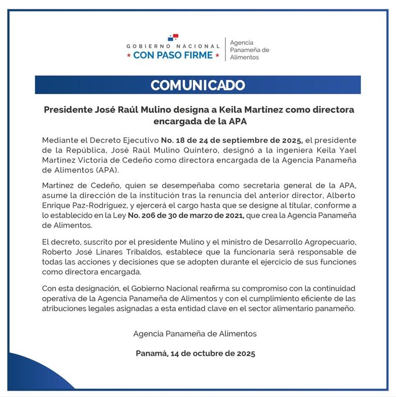Keila Martínez asume la dirección de la Agencia Panameña de Alimentos, tras la renuncia de Paz Rodríguez