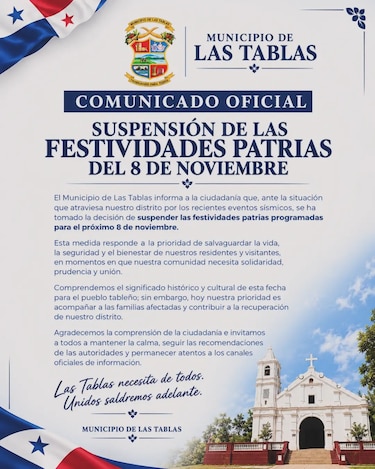 Suspenden festividades patrias en Las Tablas y Montijo