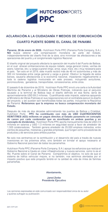 Aclaración a la ciudadanía y medios de comunicación. Cuarto puente sobre el Canal de Panamá