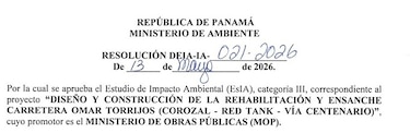 Miambiente aprueba estudio ambiental para ampliar la carretera Omar Torrijos