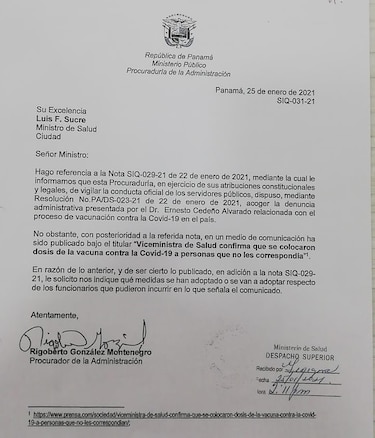 Procurador de la Administración pide informes al Minsa y la CSS sobre el proceso de vacunación