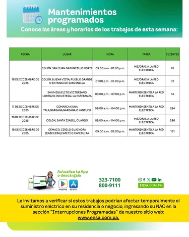 ENSA informa los Mantenimientos programados del 16 al 19 de diciembre de 2025