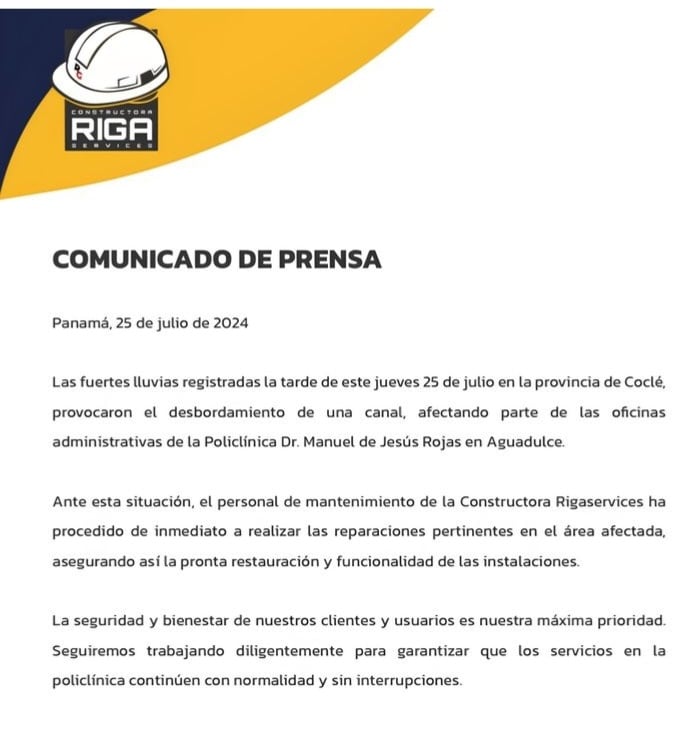 Constructora Rigaservices, informa sobre las inundaciones en la nueva policlínica de Aguadulce. Cortesía
