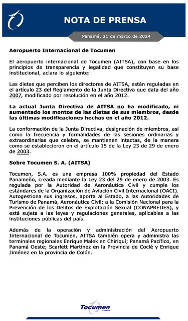 Tocumen justifica el pago de dietas a su junta directiva