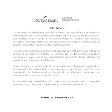 Aeronave aterriza de emergencia en el Aeropuerto de Panamá Pacífico