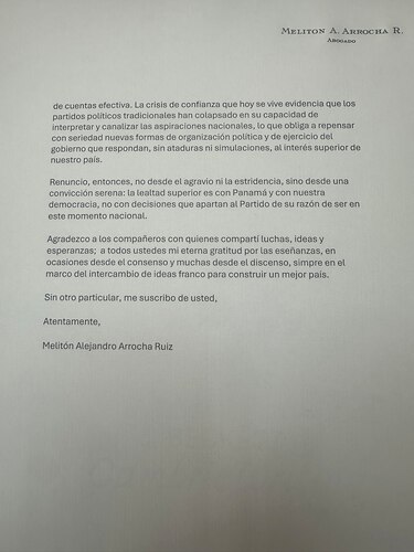 Melitón Arrocha renuncia al Partido Panameñista y cuestiona su rol como oposición