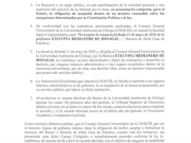 La Unachi carece de facultad para rechazar la renuncia de Etelvina de Bonagas y debe elegir un nuevo rector