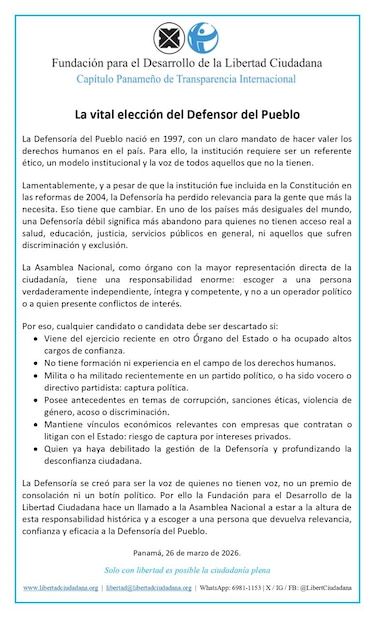 Elección del defensor del Pueblo: fundación pide excluir candidatos con vínculos políticos