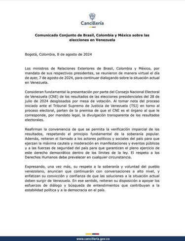 Brasil, Colombia y México insisten en que autoridad electoral venezolana divulgue las actas
