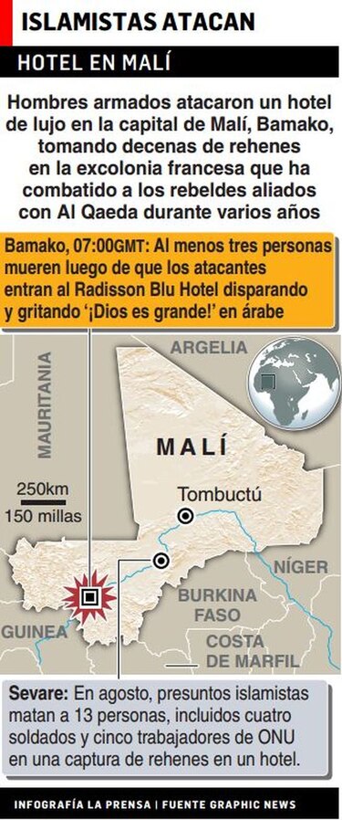 Al menos 27 rehenes y 13 terroristas muertos en ataque contra hotel en Malí