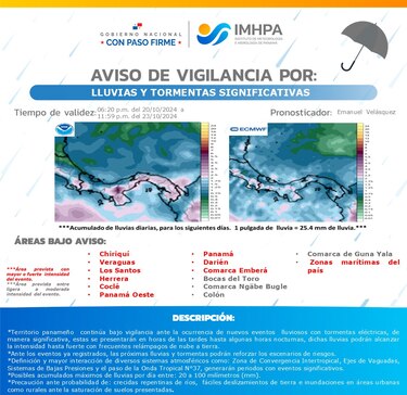 Aviso de vigilancia por fuertes lluvias y tormentas eléctricas hasta el 23 de octubre