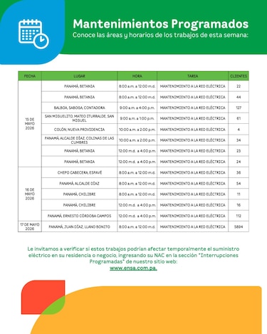 ENSA informa los mantenimientos programados del 11 al 17 de mayo de 2026