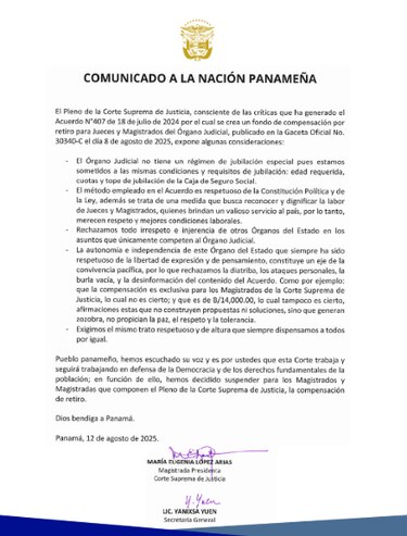Corte Suprema suspende compensación de retiro para sus magistrados