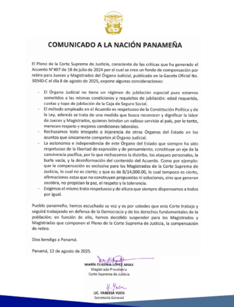 Corte Suprema suspende compensación de retiro para sus magistrados