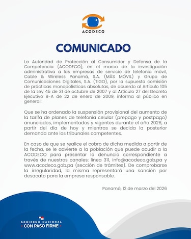 Acodeco ordena suspender aumento en tarifas móviles de Más Móvil y Tigo