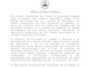 Gobierno de Nicaragua llama a consulta a su embajador en Panamá