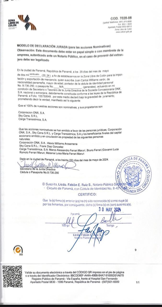 Declaración notariada del secretario de la junta directiva de la Concesionaria ONX, S.A., Juan Carlos Williams, sobre los beneficiarios de la empresa favorecida por la ZLC.