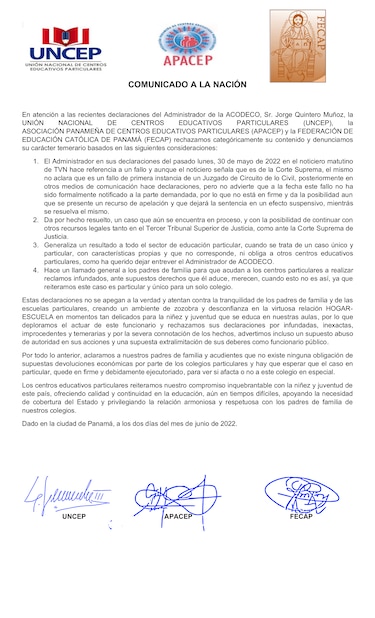 Comunicado a la Nación