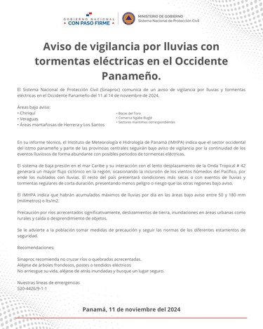 Sinaproc emite aviso de vigilancia por lluvias y tormentas en el occidente de Panamá