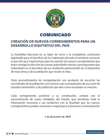 Asamblea defiende iniciativas para crear nuevos corregimientos