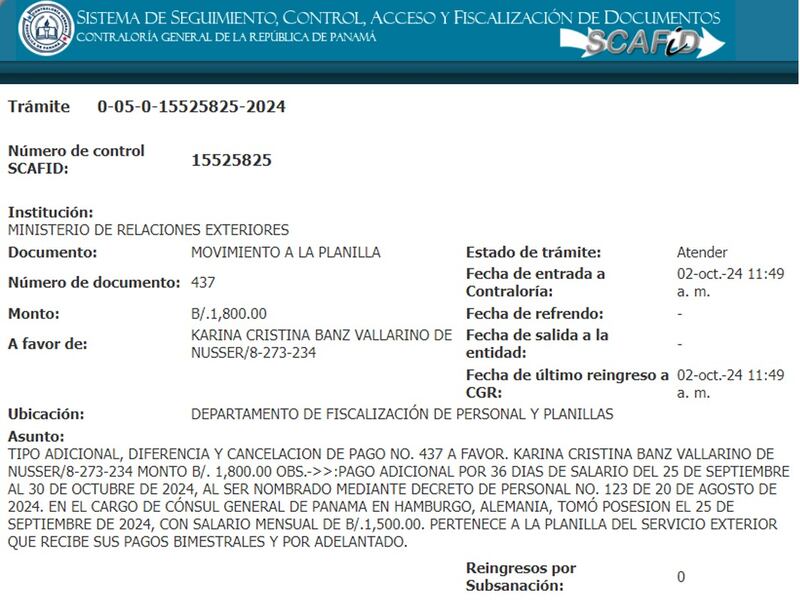 El Ministerio de Relaciones Exteriores solicitó a la Contraloría General refrendar el pago a favor de Karina Banz Vallarino, nombrada cónsul de Panamá en Hamburgo, Alemania.Foto: Tomada de la Contraloría General.