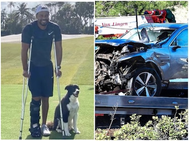 Tiger Woods aparece sonriendo y en muletas en primera imagen tras el accidente