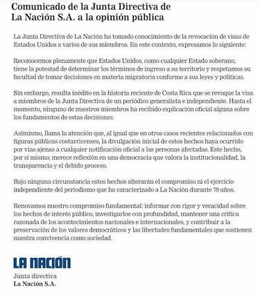 Estados Unidos cancela visas a miembros de la junta directiva de ‘La Nación’ en Costa Rica