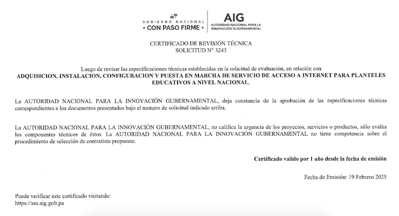 Certificación aportada por la AIG en la que consta que se atendieron sus recomendaciones en la licitación para la "adquisición, instalación, configuración y puesta en marcha del servicio de acceso a internet para planteles educativos a nivel nacional".