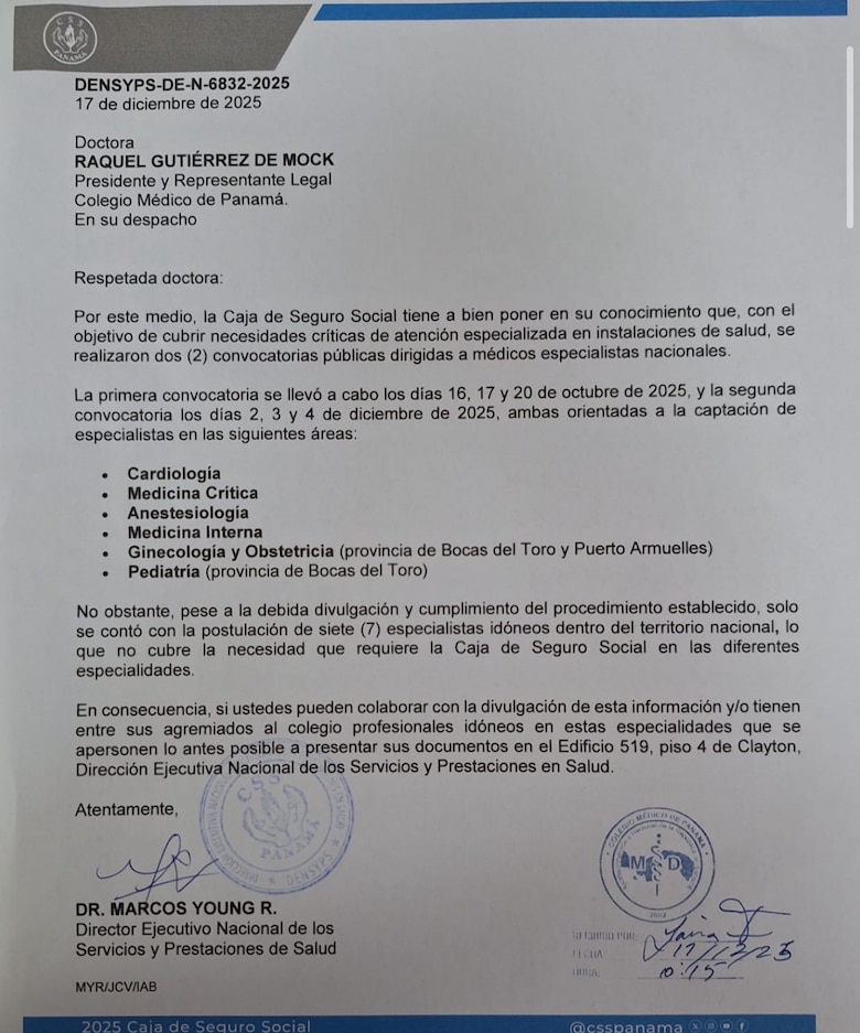 Convocatorias de la CSS para especialistas fracasan y piden apoyo al Colegio Médico