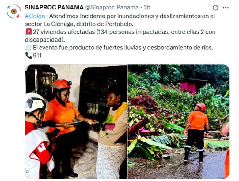 27 familias afectadas por intensas lluvias que causaron inundaciones en Portobelo