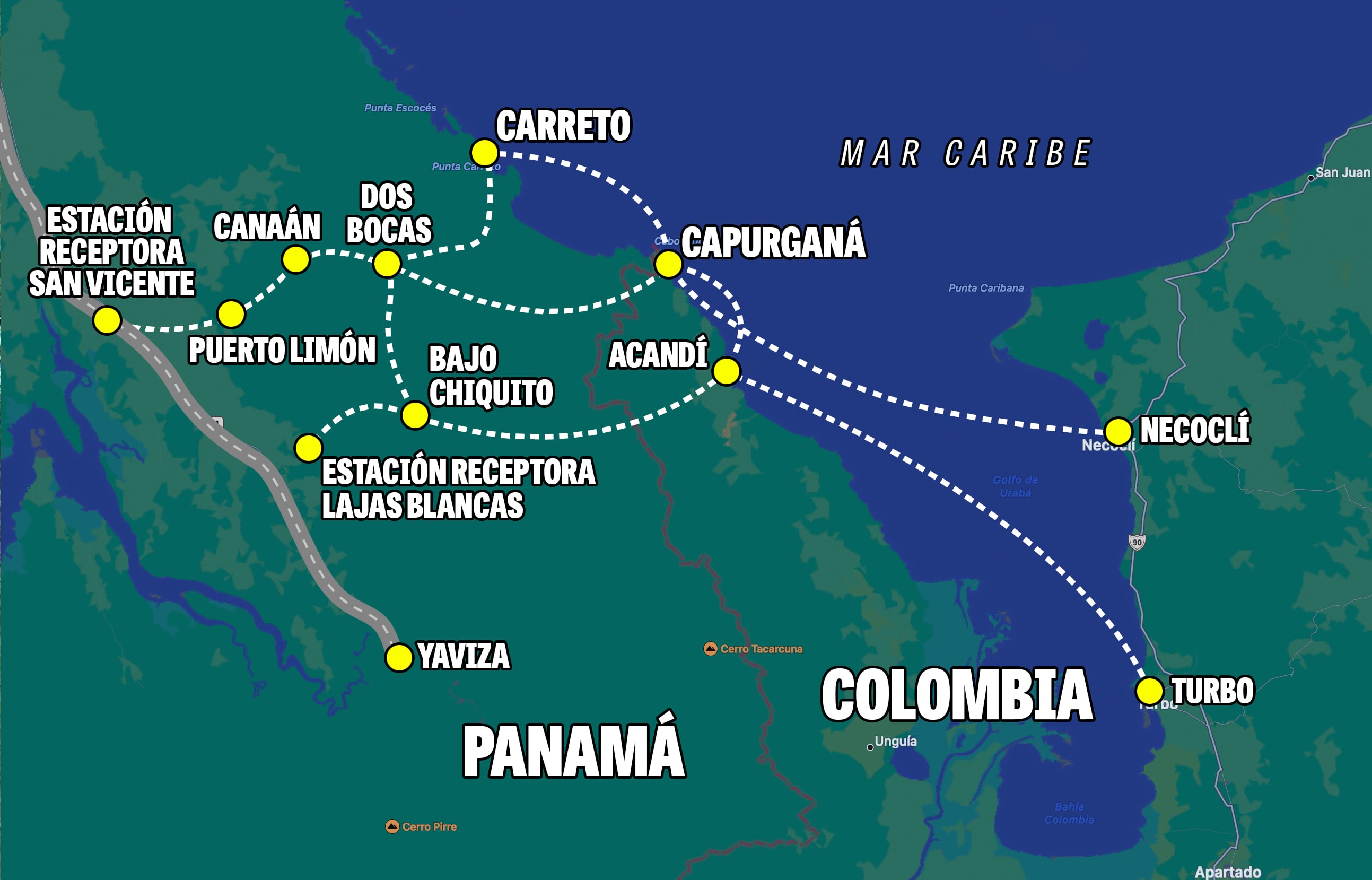 Mapa de la ruta de migrantes desde Colómbia a Panamá por mar y atraves del tapón de Darién. Ilustración Alexander Arosmena