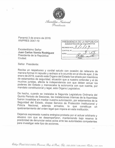 Presidenta de la Asamblea envía carta de protesta a Varela por ingreso de SPI al Palacio Legislativo