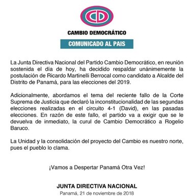 CD postulará a Martinelli como candidato a la Alcaldía de Panamá