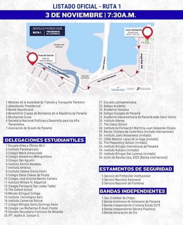 Estas son las delegaciones y bandas independientes que desfilarán este 3 de noviembre en la ruta 1 y 2