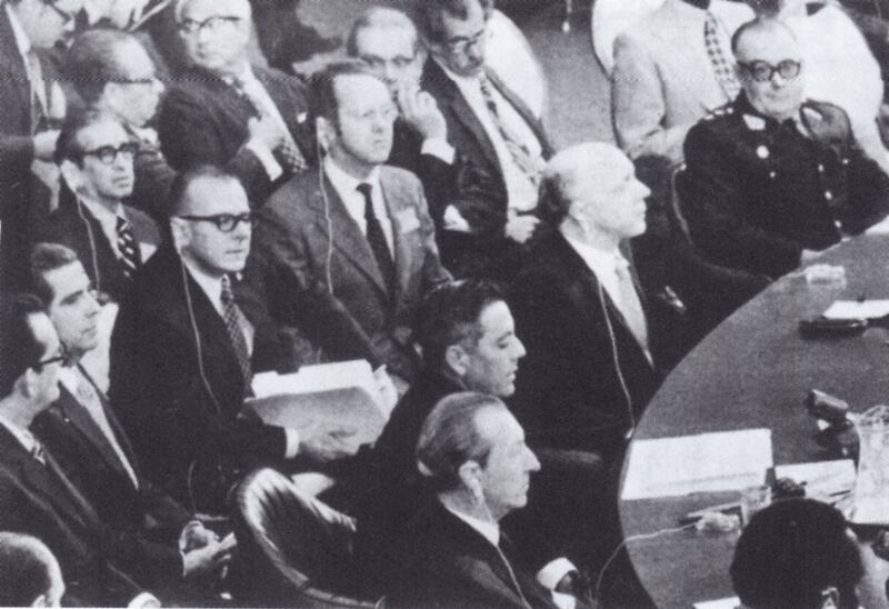 Fotografía del año 1973 durante el Consejo de Seguridad, celebrado en Panamá, donde se observa a Omar Torrijos, Aquilino Boyd y Juan Antonio Tack.Tomado de @MuseodelCanal