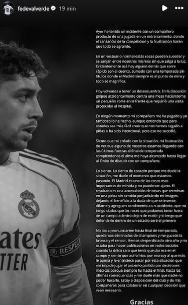 Valverde: ‘En ningún momento mi compañero me golpeó, lo siento, me duele por la situación’