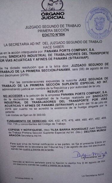 Juzgado no accede a pedido de PPC de declarar 'ilegal' la huelga en el puerto de Balboa