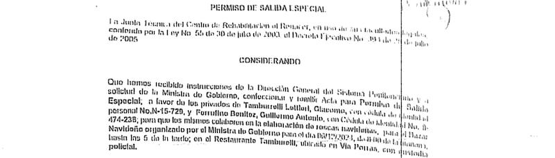 Extracto del "permiso de salida especial" a favor de Ferrufino y Tamburrelli, avalado por la junta técnica de El Renacer.