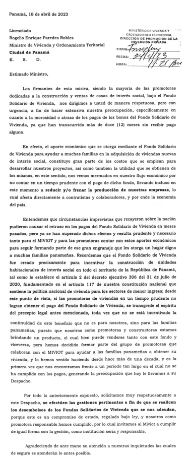 Carta al MIVIOT