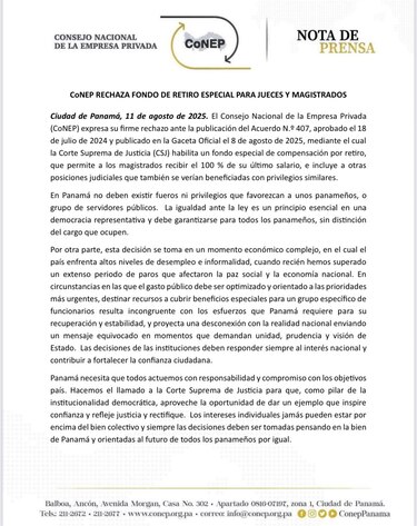 ‘Imprudente y desconectado de la realidad’: Apede y Conep rechazan jubilación especial de magistrados