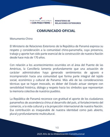 Presidente Mulino califica de ‘imperdonable’ la demolición del monumento chino y anuncia que será reconstruido