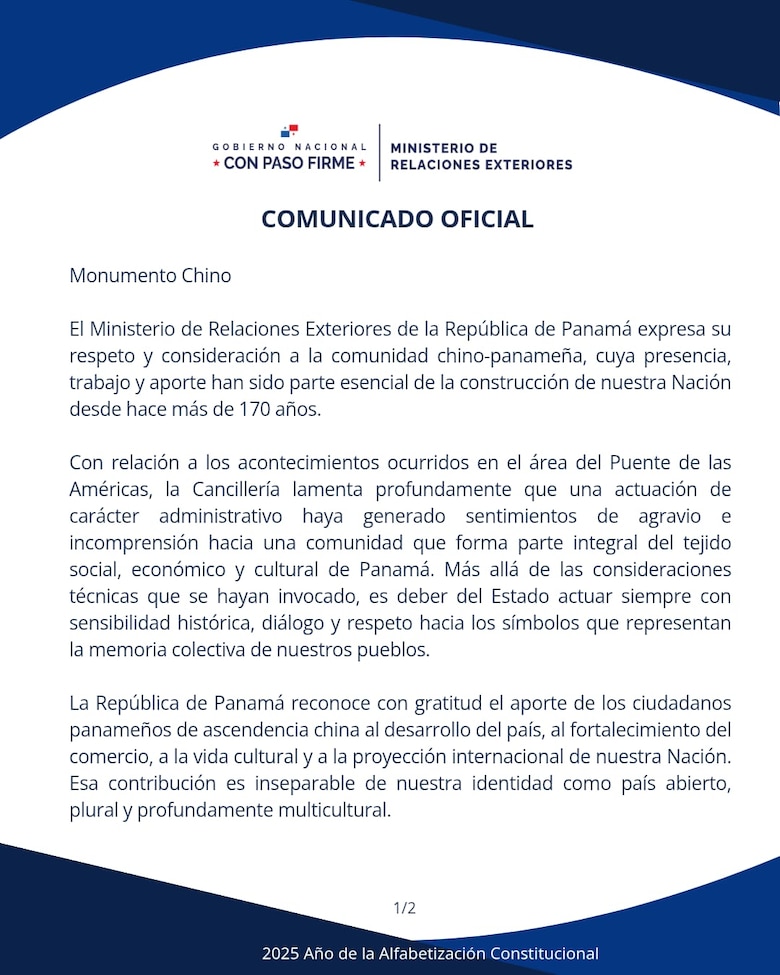 Cancillería dispuesta a buscar otro sitio para un nuevo monumento en honor a la comunidad chino panameña