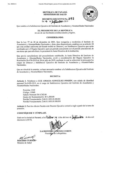 Ejecutivo oficializa designación de Luz González Pinzón en la subdirección del Idaan