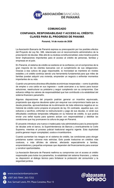 Asociación Bancaria advierte riesgos del proyecto de ley sobre prescripción de deudas